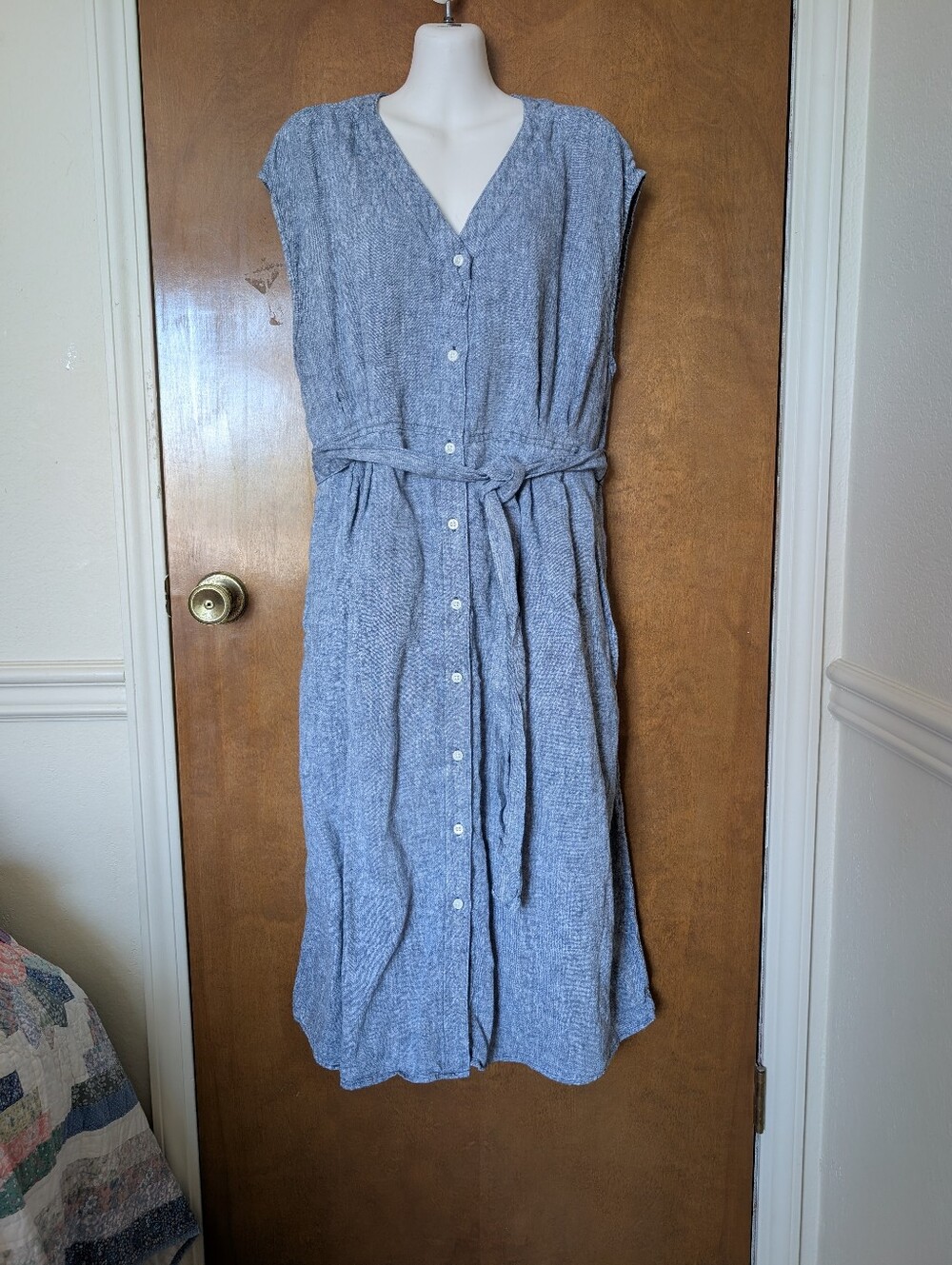 Lands's End Blue 100% Linen Sleeveless Button Front A-line Midi Dress